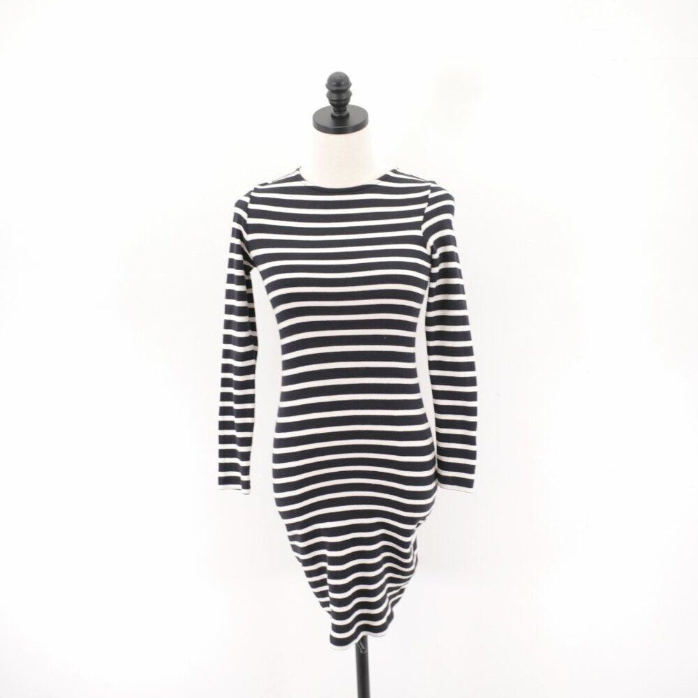 French Connection Cotton White Black Striped Crew‎ Neck Dress Size 2 Long Sleeve